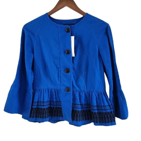 Ann Taylor Blue Embroidered Button Front Flounce Linen Blend Jacket Top XS NEW - Picture 2 of 8